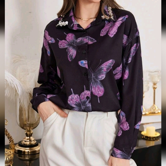 Tops - Women's Elegant Butterfly Pattern Printed Blouse